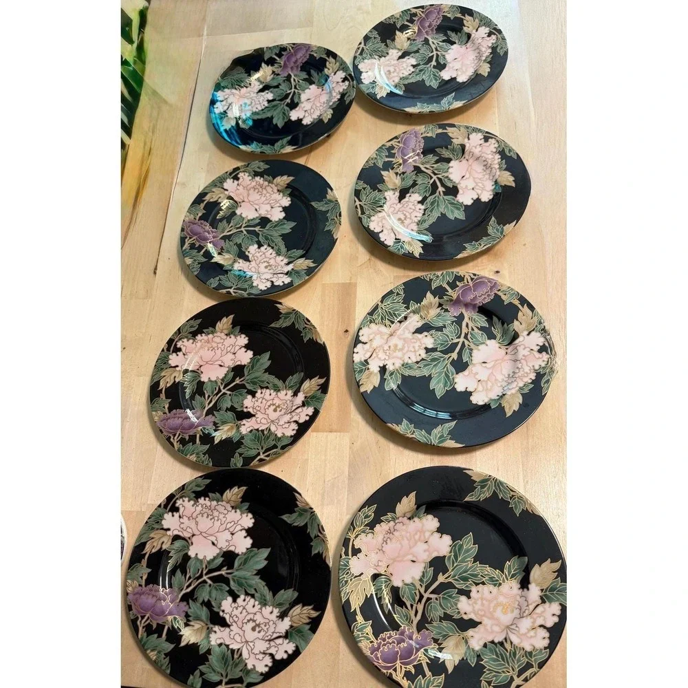 6 AVAILABLE - Fitz & Floyd Cloisonne Peony Salad Plate Black Pink Floral Vintage